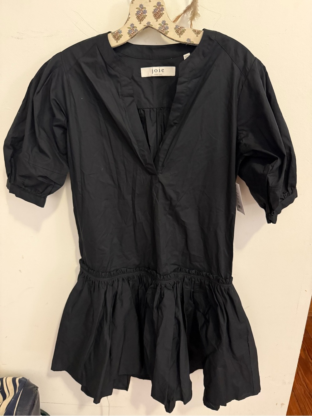 NWT Joie Courtrine Cotton Poplin Drop Waist Mini Dress XS Black Caviar $228